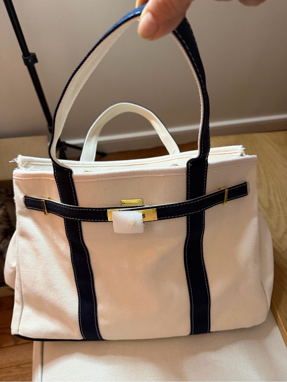 Boatkin Cream and Navy Canvas Tote Bag with Gold Accents